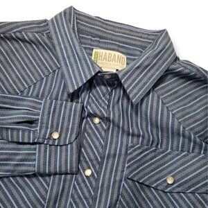 HABAND Men's Large Blue Striped western Pearl Snap Long Sleeve Shirt Rodeo Ranch